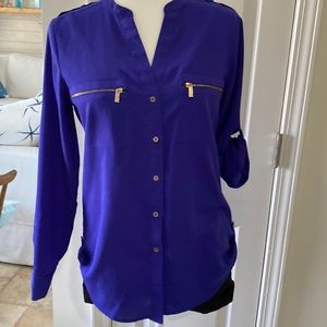 CalvinKlein blouse with gold accents on the front and shoulders and at the hem